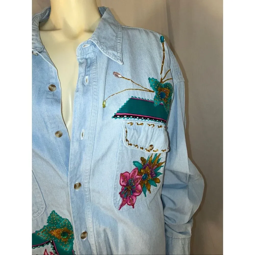 Basic Editions Oversized Denim Shirt 3X – Hand Embellished Floral & Butterfly We